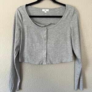 BP. Grey Ribbed Button Front Cropped Long Sleeve Top With Undershirt Cami Med